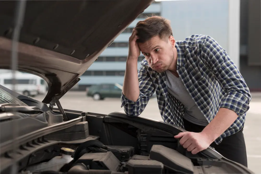 A man expressing his problem by opening car engine side